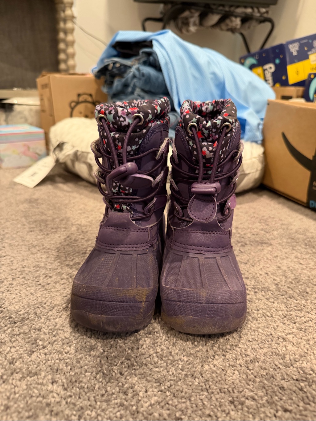 Purple Kids Winter Boots With Floral Lining